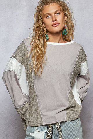 POL Round Neck Solid Knit Long Sleeve Top - Light Grey