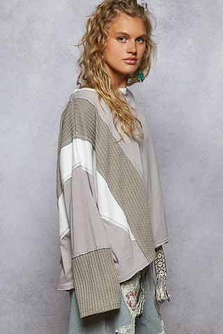 POL Round Neck Solid Knit Long Sleeve Top - Light Grey