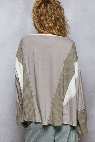 POL Round Neck Solid Knit Long Sleeve Top - Light Grey