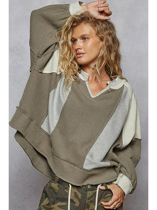 POL Notched Neck Contrast Fabric Basic Long Sleeve Top