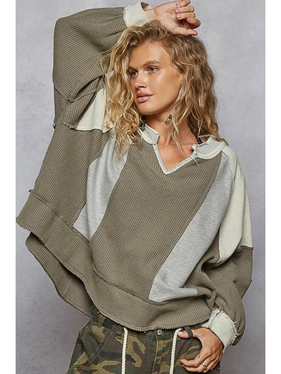 POL Notched Neck Contrast Fabric Basic Long Sleeve Top