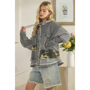 Oli & Hali Washed Fabric Mixed Hooded Button Down Jacket | Women’s Oversized Shacket