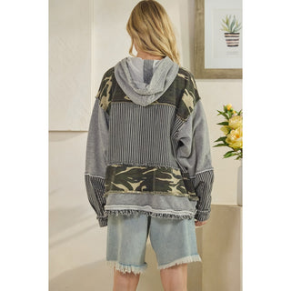 Oli & Hali Washed Fabric Mixed Hooded Button Down Jacket | Women’s Oversized Shacket