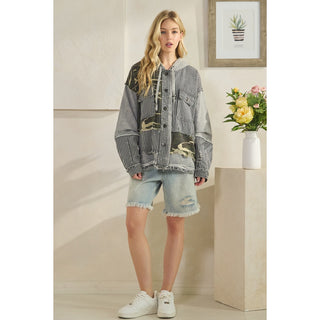 Oli & Hali Washed Fabric Mixed Hooded Button Down Jacket | Women’s Oversized Shacket