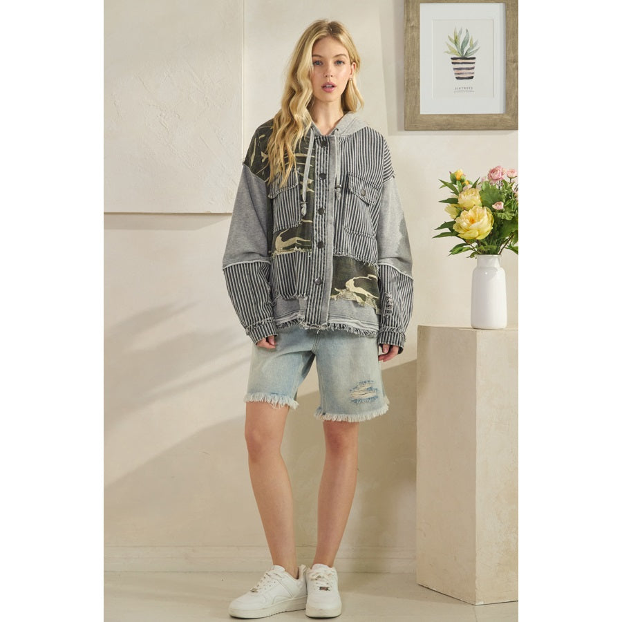 Oli & Hali Washed Fabric Mixed Hooded Button Down Jacket | Women’s Oversized Shacket