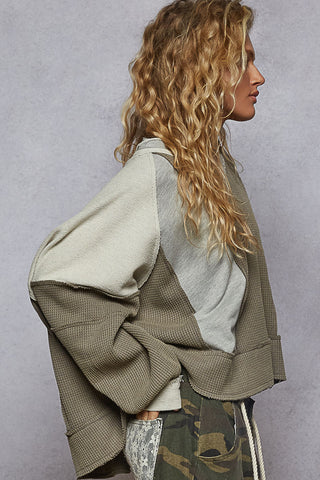 POL Notched Neck Contrast Fabric Basic Long Sleeve Top