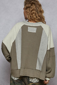 POL Notched Neck Contrast Fabric Basic Long Sleeve Top