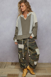 POL Notched Neck Contrast Fabric Basic Long Sleeve Top