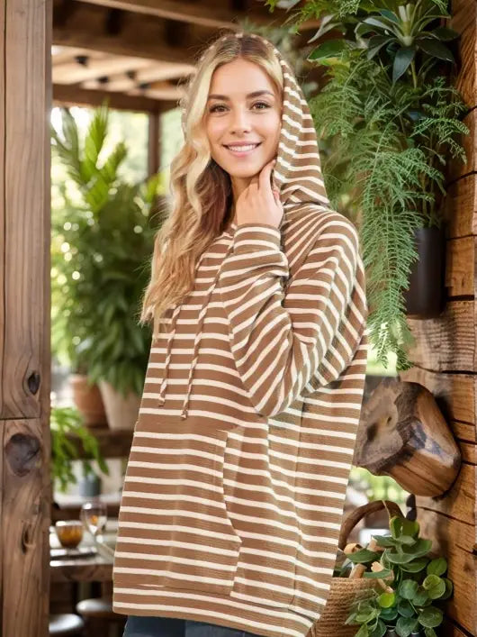 Heimish Long Puff Sleeve Striped Urban Ribbed Hoodie Top