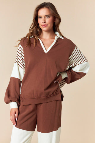 Fantastic Fawn - Striped & Solid Color Block Collar Sweatshirt