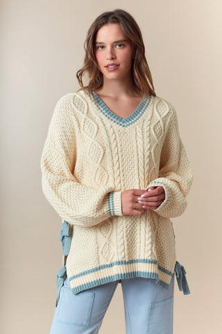 Fantastic Fawn - V-Neck Sport Band Side Ribbon Tie Sweater
