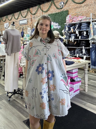Easel - Flower Printed Washed Twill Shirt Dress