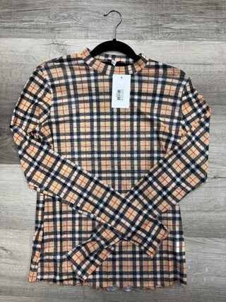 A long-sleeved mesh top with a Nora plaid pattern in shades of beige, black, and red, featuring a crew neckline.