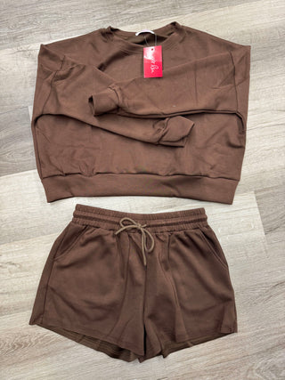 Chocolate-colored lounge set with long-sleeve pullover and elastic waistband shorts.