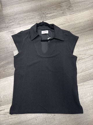 Black top with scalloped short sleeves and a collared V-neck, displayed on a hanger.