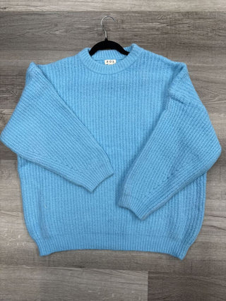 Aqua blue knit sweater with long sleeves and a round neckline.