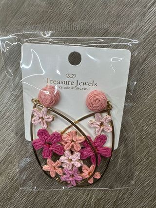 Handmade floral earrings with pink multicolor flowers on a gold-tone frame displayed in packaging.