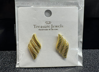 Pair of textured gold-tone stud earrings on display card labeled 'Treasure Jewels'.