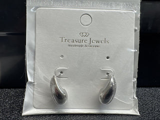 Silver teardrop earrings on a card labeled 'Treasure Jewels Handmade Accessories'.