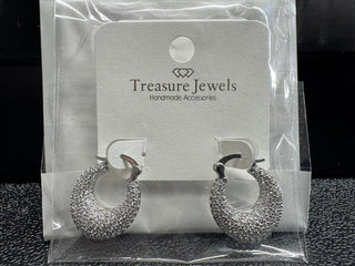 Silver textured hoop earrings with hinge back closure displayed in packaging.