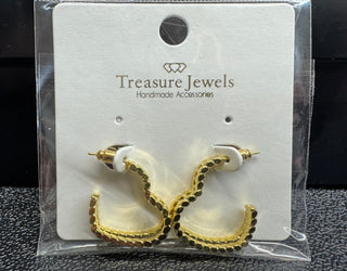 Gold-tone textured hoop earrings with post-back closure displayed on a card labeled 'Treasure Jewels Handmade Accessories'.