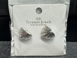Silver shell earrings with a polished finish displayed on a card labeled 'Treasure Jewels Handmade Accessories'.