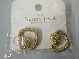 Heart-shaped gold earrings with rhinestones on a display card labeled 'Treasure Jewels Handmade Accessories'.