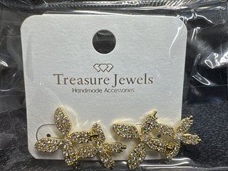 Gold floral earrings with crystal embellishments on a display card.