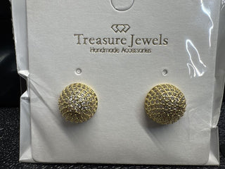 Gold-tone textured stud earrings displayed on a card labeled 'Treasure Jewels Handmade Accessories'.