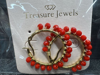 Red beaded hoop earrings with gold-tone base and latch back closure.