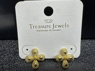 Gold flower stud earrings with intricate detailing and post back closure.