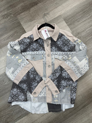 Pol - Collared Printed Shirt Twill Woven Jacket - Grey Charcoal
