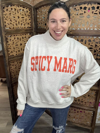 Reversible mockneck sweatshirt in light grey with 'Spicy Marg' print in orange.