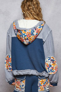 POL Balloon Sleeve Quilted Detail Floral Knit Hoodie Jacket