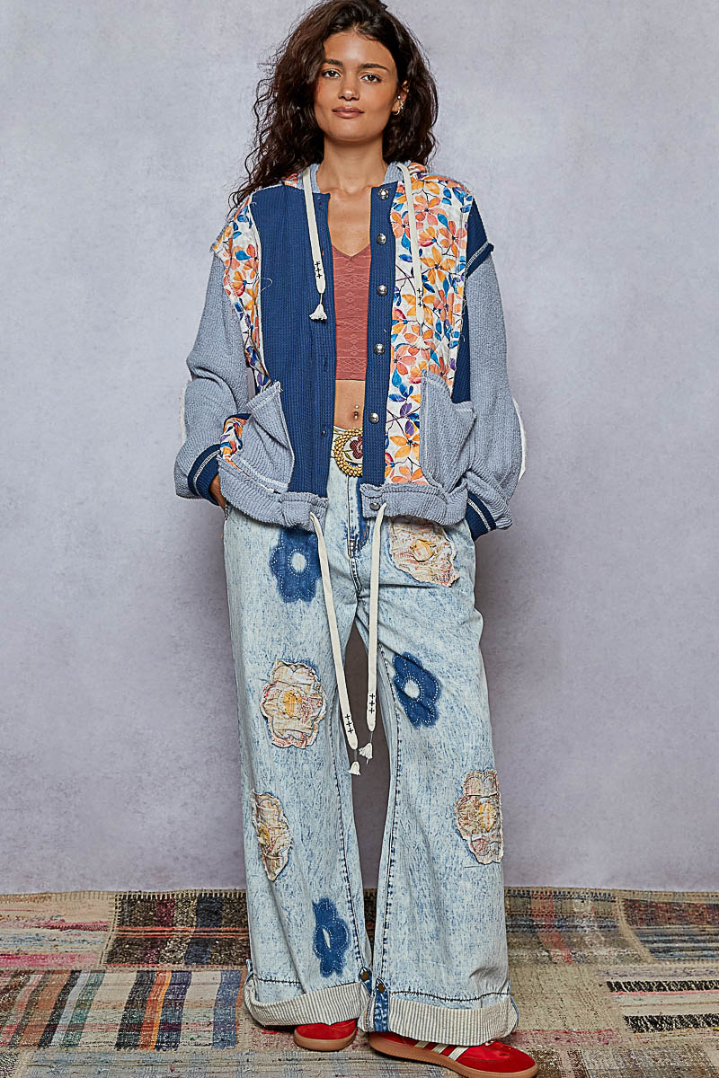 POL Balloon Sleeve Quilted Detail Floral Knit Hoodie Jacket