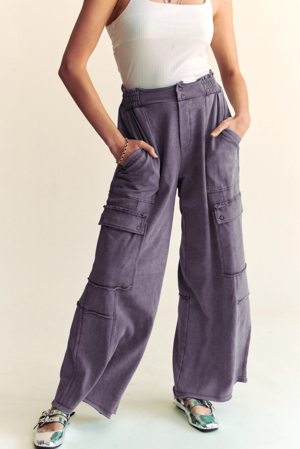 Davi & Dani Mineral Wash Wide Leg Joggers - Charcoal