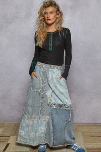 POL Round Neck Solid Cut and Sew Knit Mix Top