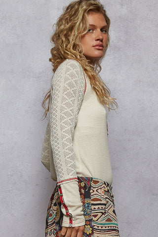 POL Round Neck Solid Cut and Sew Knit Mix Top