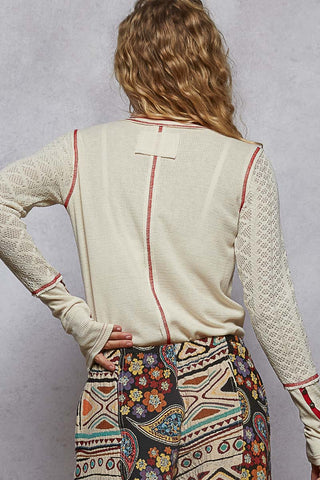 POL Round Neck Solid Cut and Sew Knit Mix Top