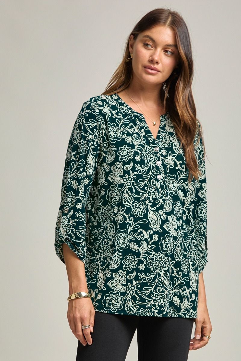 Dear Scarlett Lizzy Luxe Top- Hunter Green Floral