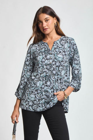 Dear Scarlett Lizzy Luxe Top- Black/Aqua Floral