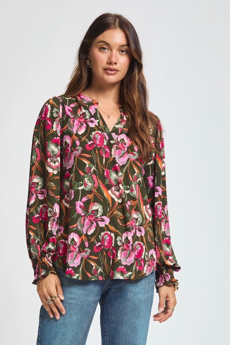 Dear Scarlett Lizzy Smocked Top - Olive Floral