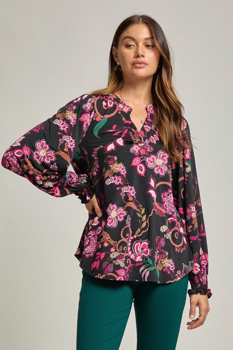 Dear Scarlett Lizzy Smocked Top - Black//PInk Floral