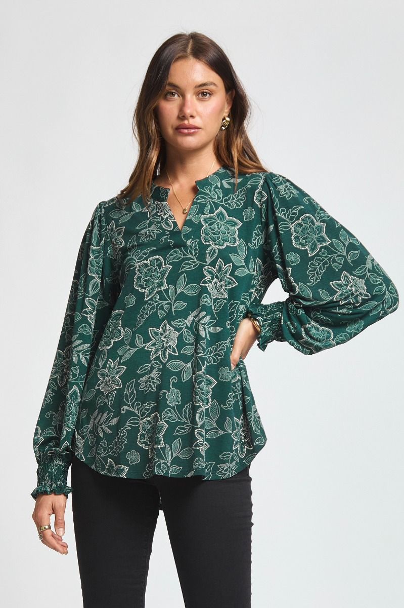 Dear Scarlett Lizzy Smocked Top - Hunter Green Floral