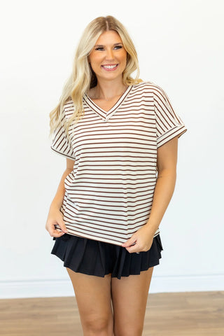 Grace + Emma The Lucy Stripe Top Cream Brown Stripe