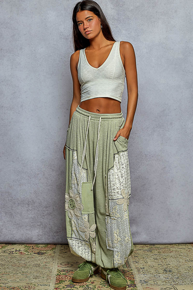 POL Solid Pattern Patch Detail Rib Knit Jogger Pants