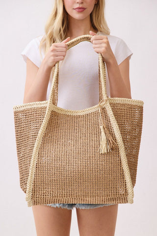 Two Tone Woven Straw Beach Tote Bag- Tan
