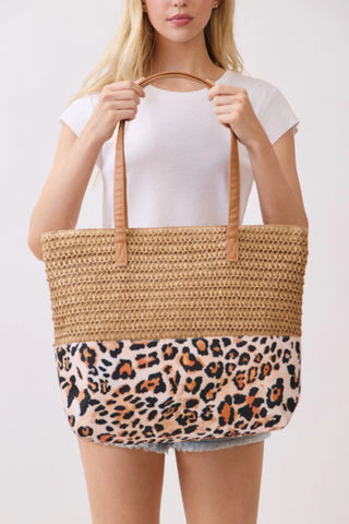 Leopard Print Straw Tote Bag Taupe