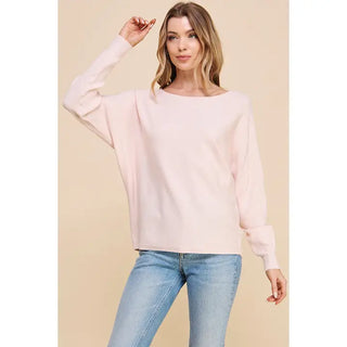 Allie Rose Mixed Texture Sleeves Fine Gauge Dolman Pullover Sweater- Blush