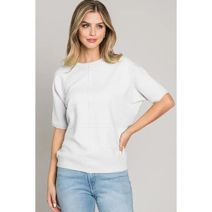 Allie Rose Mixed Texture Soft Fine Gauge Elbow Dolman Top- Off White